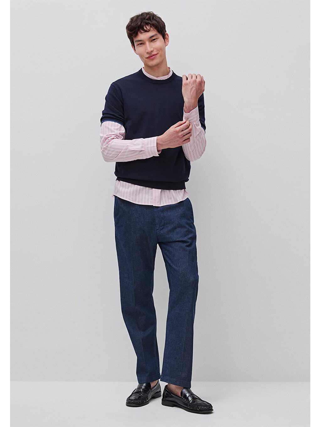 Erkek Lacivert %100 Pamuk Ribanalı Kontrast Detaylı  Triko T-Shirt-2