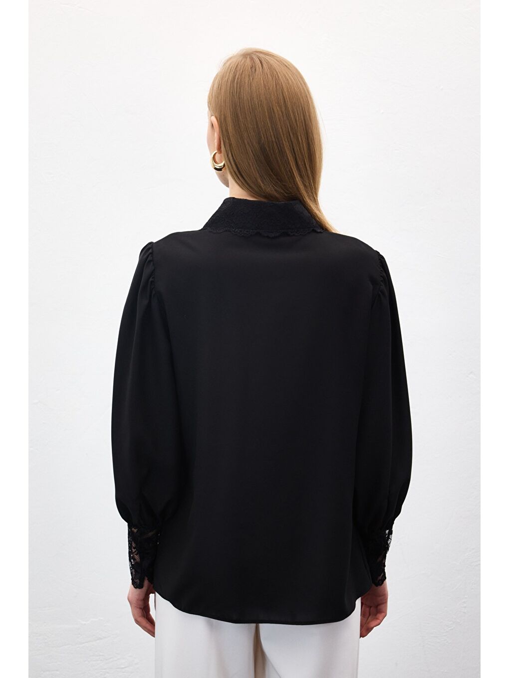 Dantel Manşetli Gömlek - Siyah-6