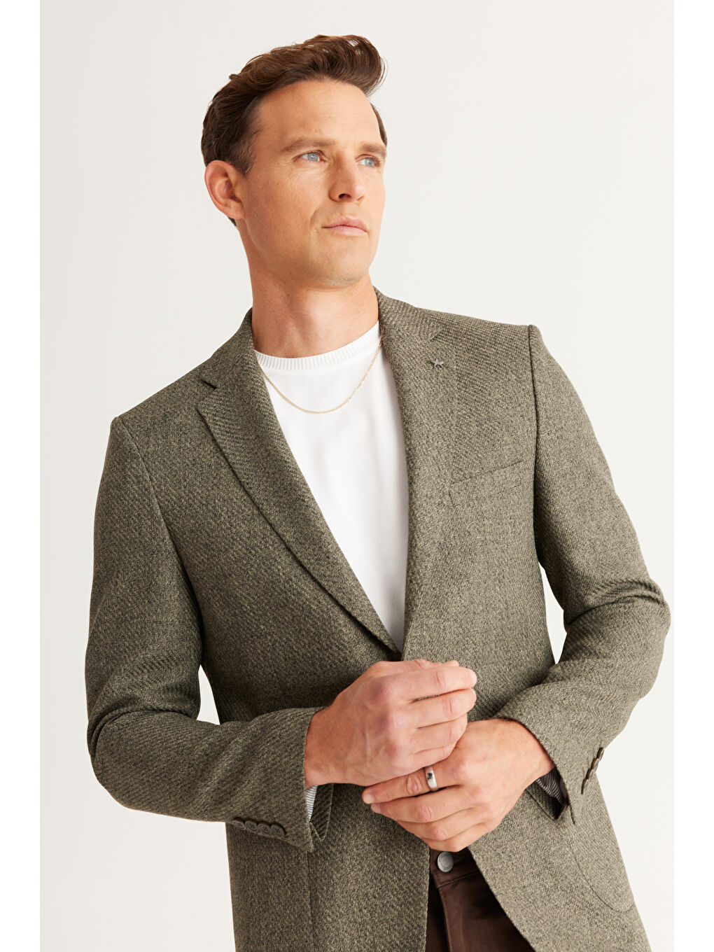 Erkek Haki Slim Fit Dar Kesim Mono Yaka Desenli Ceket-2