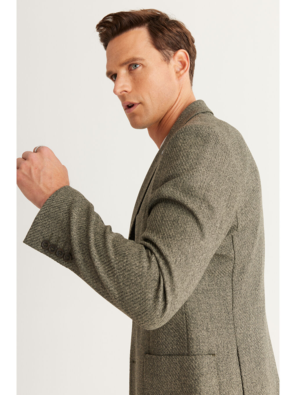 Erkek Haki Slim Fit Dar Kesim Mono Yaka Desenli Ceket-3