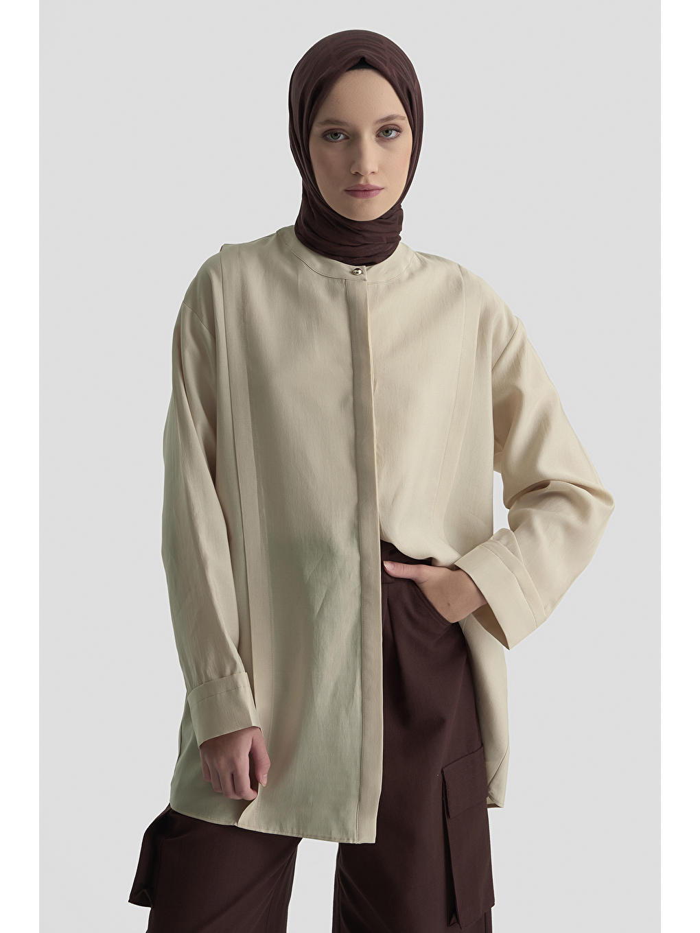 Bej Hakim Yaka Lyocell Tunik Kum-2