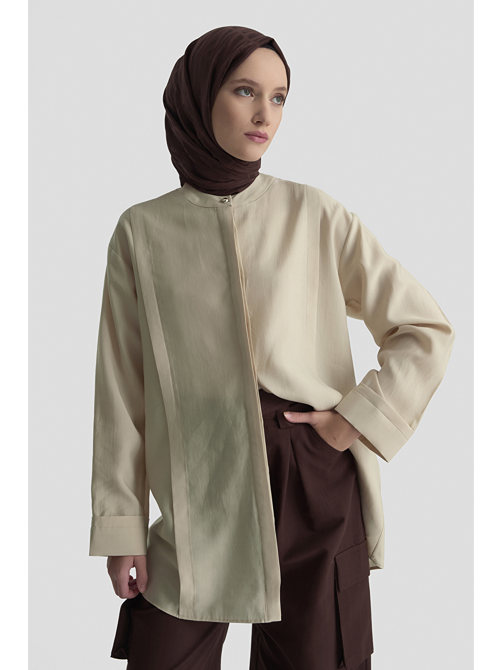 Bej Hakim Yaka Lyocell Tunik Kum-3