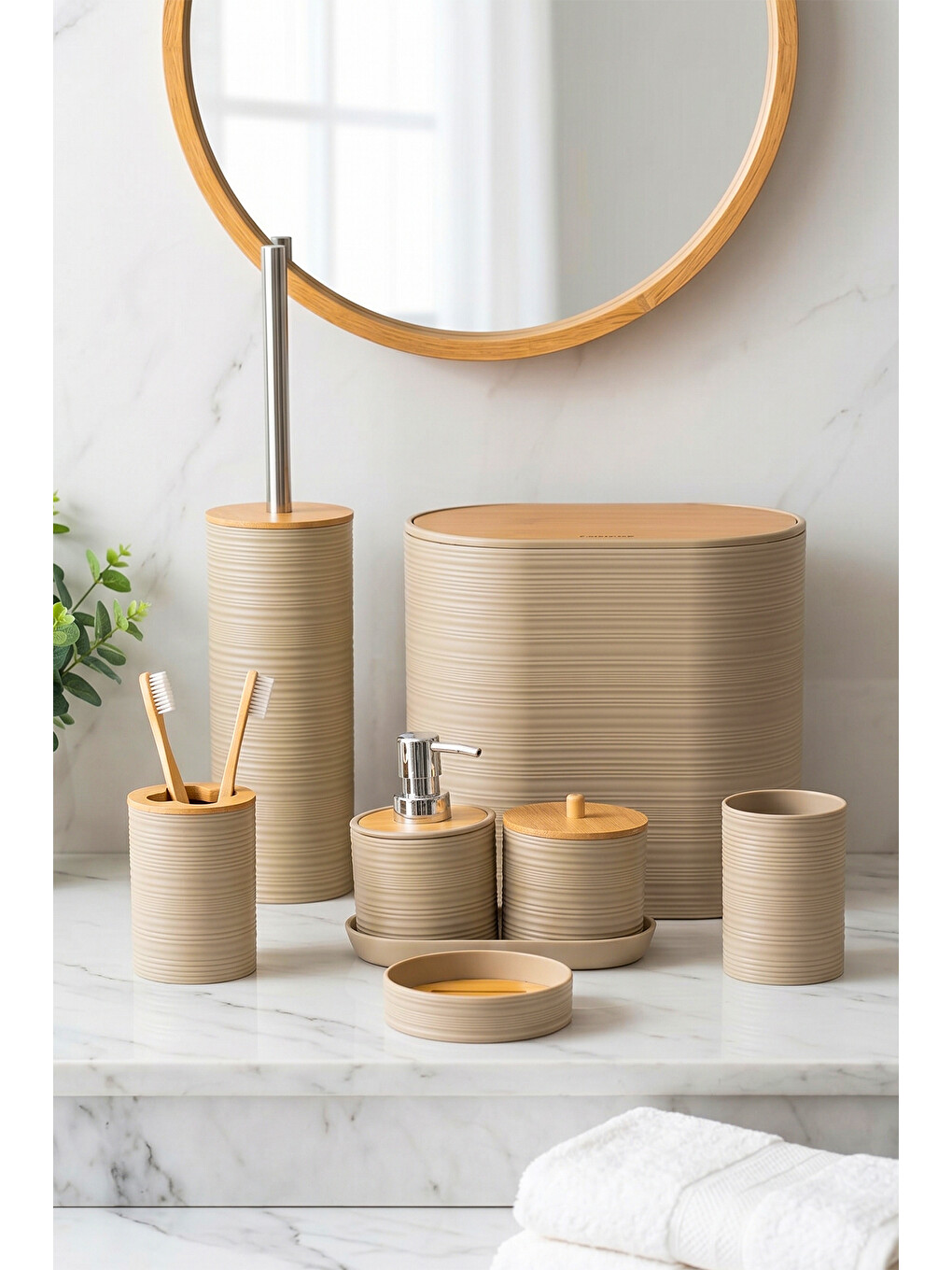 Bej 4533 8 Parça Akrilik Banyo Seti Bambu Kapaklı Çöp Kovası Ve Wc Fırçası Kapuçino