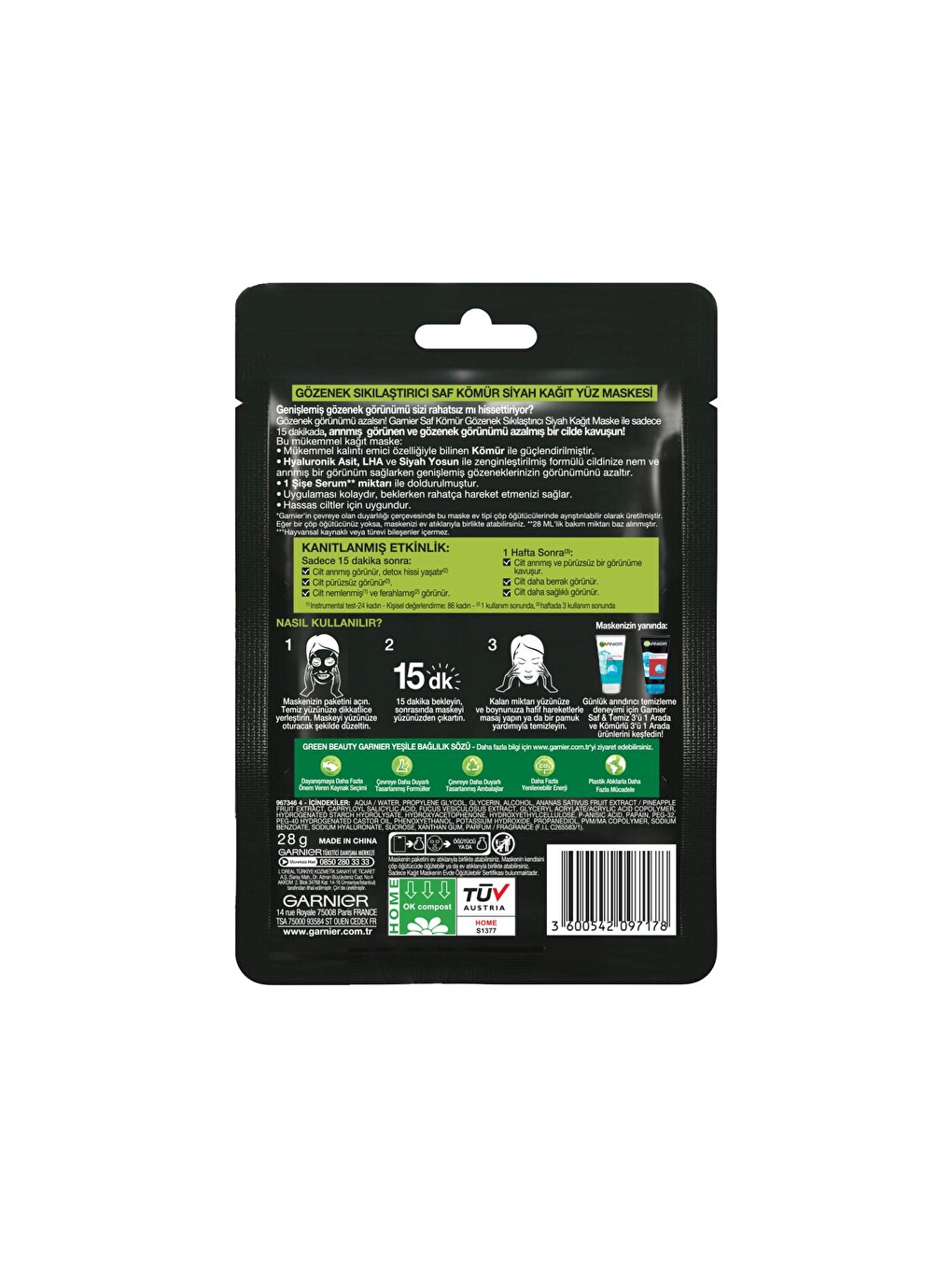 Skin Naturals Kömürlü Kağıt Yüz Maskesi Siyah Yosun-1