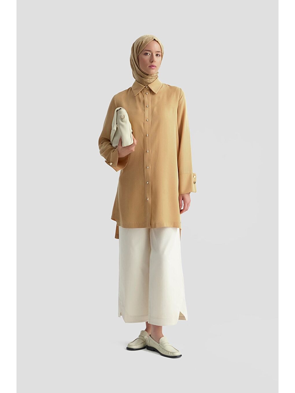 Kahverengi Kalın Manşetli Lyocell Tunik Camel-2