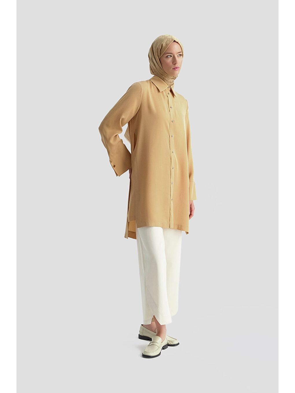 Kahverengi Kalın Manşetli Lyocell Tunik Camel-3