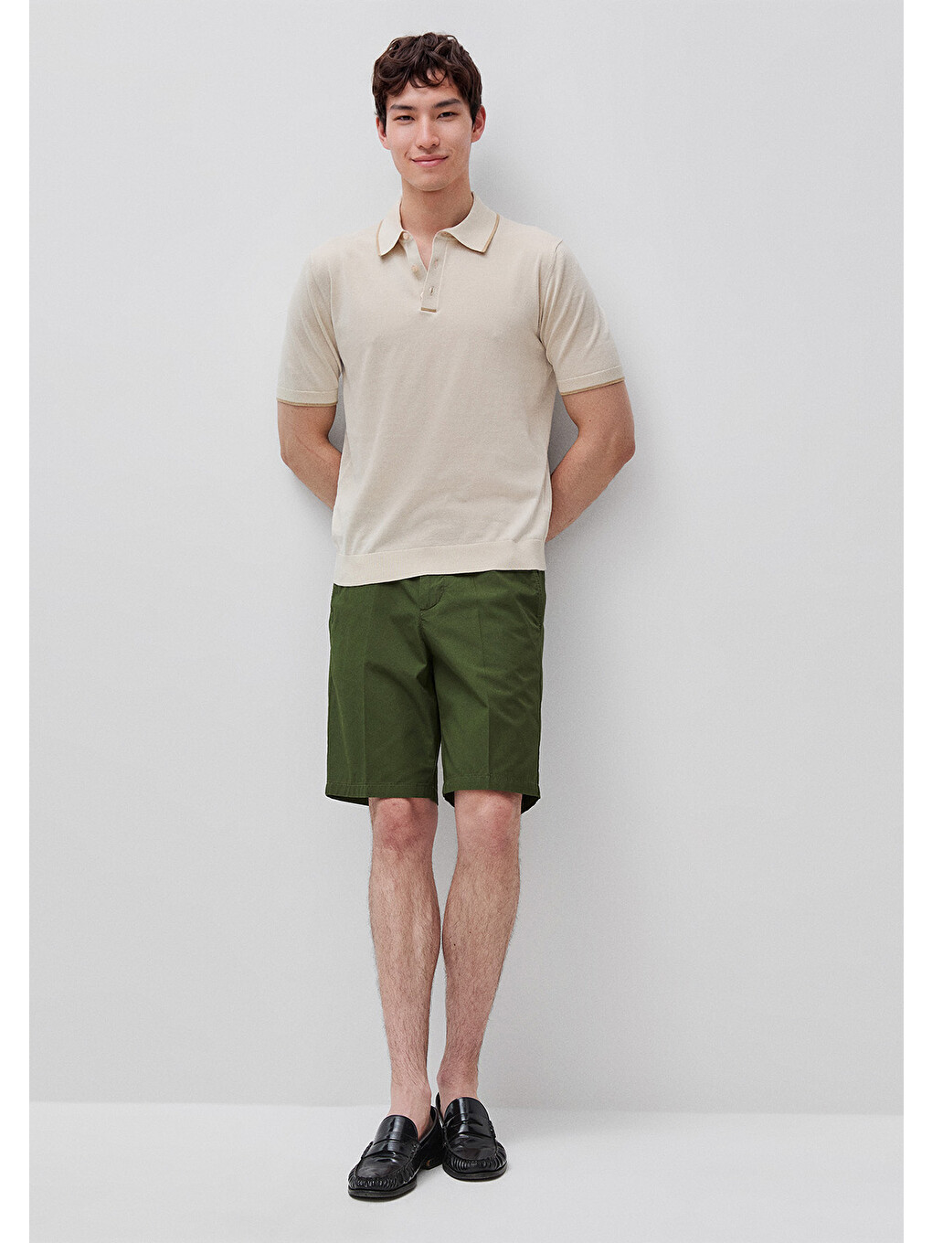 Bej Erkek Taş %100 Pamuk Düğmeli Örme Dokulu Polo Yaka Triko T-Shirt-2