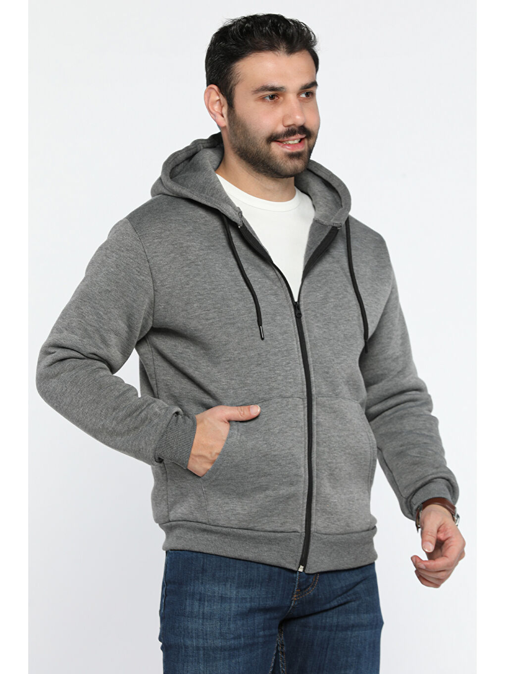 Mishar İtalia Antrasit Kapüşonlu Fermuarlı 3 İplik Şardonlu Sweatshirt - 1