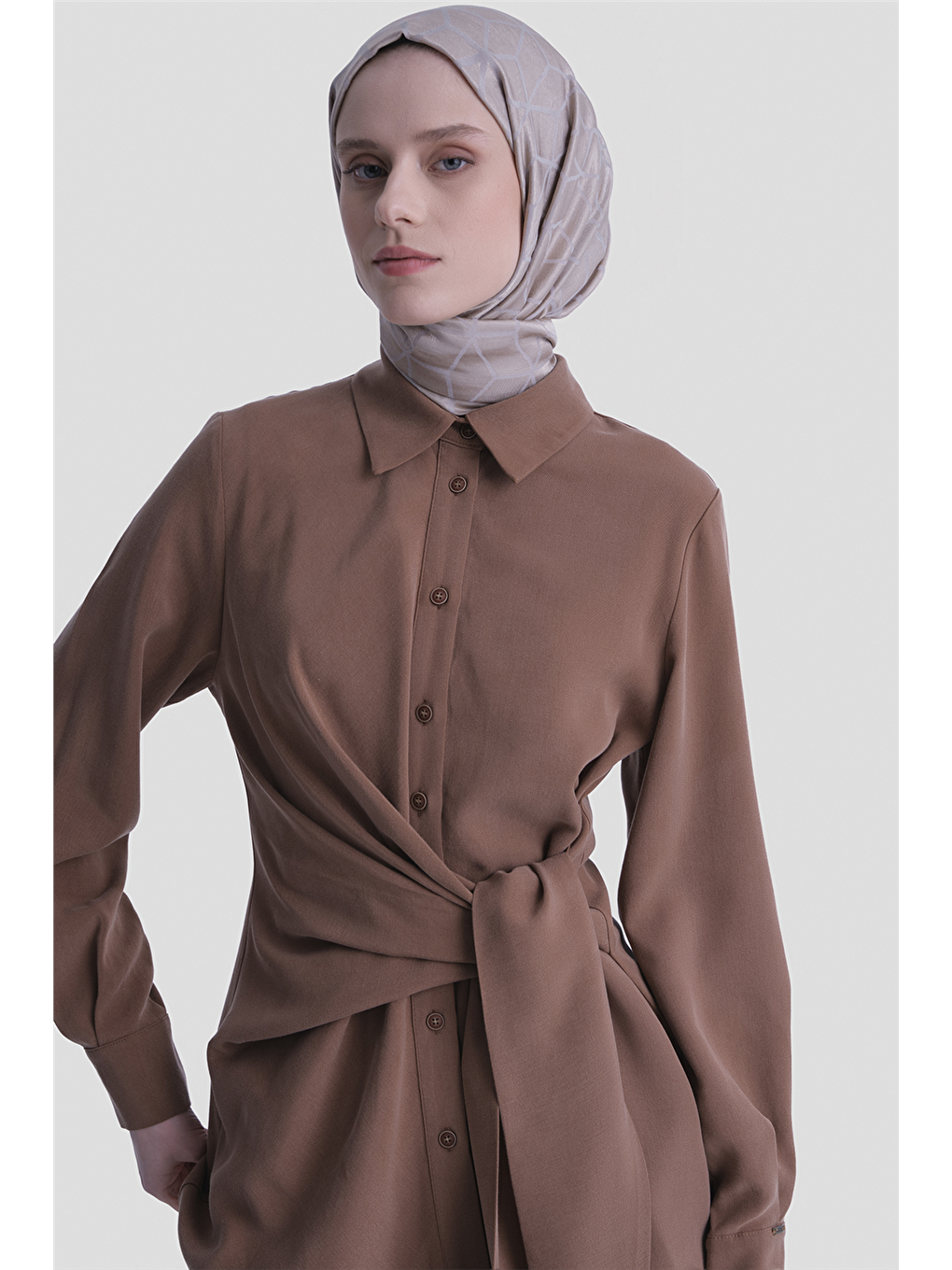 Kahverengi Bağlama Detaylı Tunik Camel-4