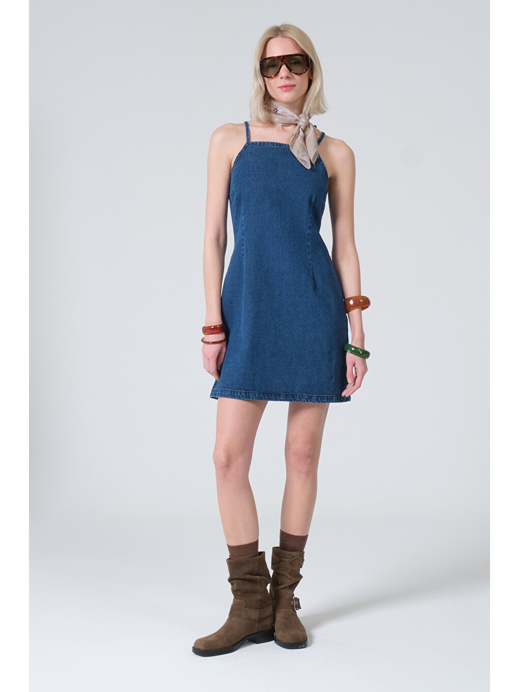 Mavi %100 Pamuk Denim Bağlamalı Askılı Sırtı Fermuarlı Mini Kadın Elbise @Lyra-1
