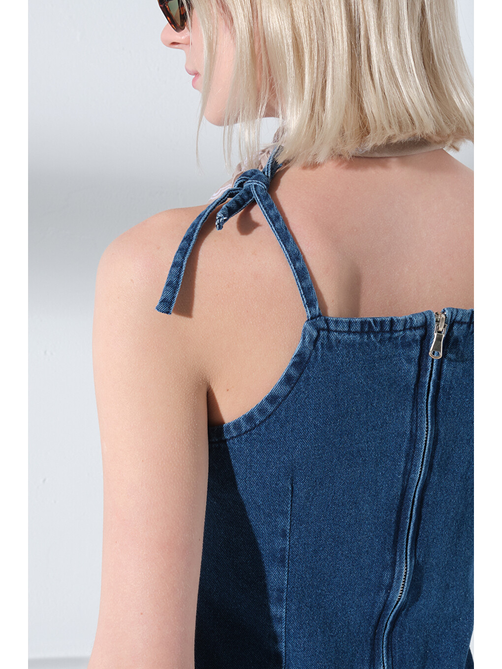 Mavi %100 Pamuk Denim Bağlamalı Askılı Sırtı Fermuarlı Mini Kadın Elbise @Lyra-2
