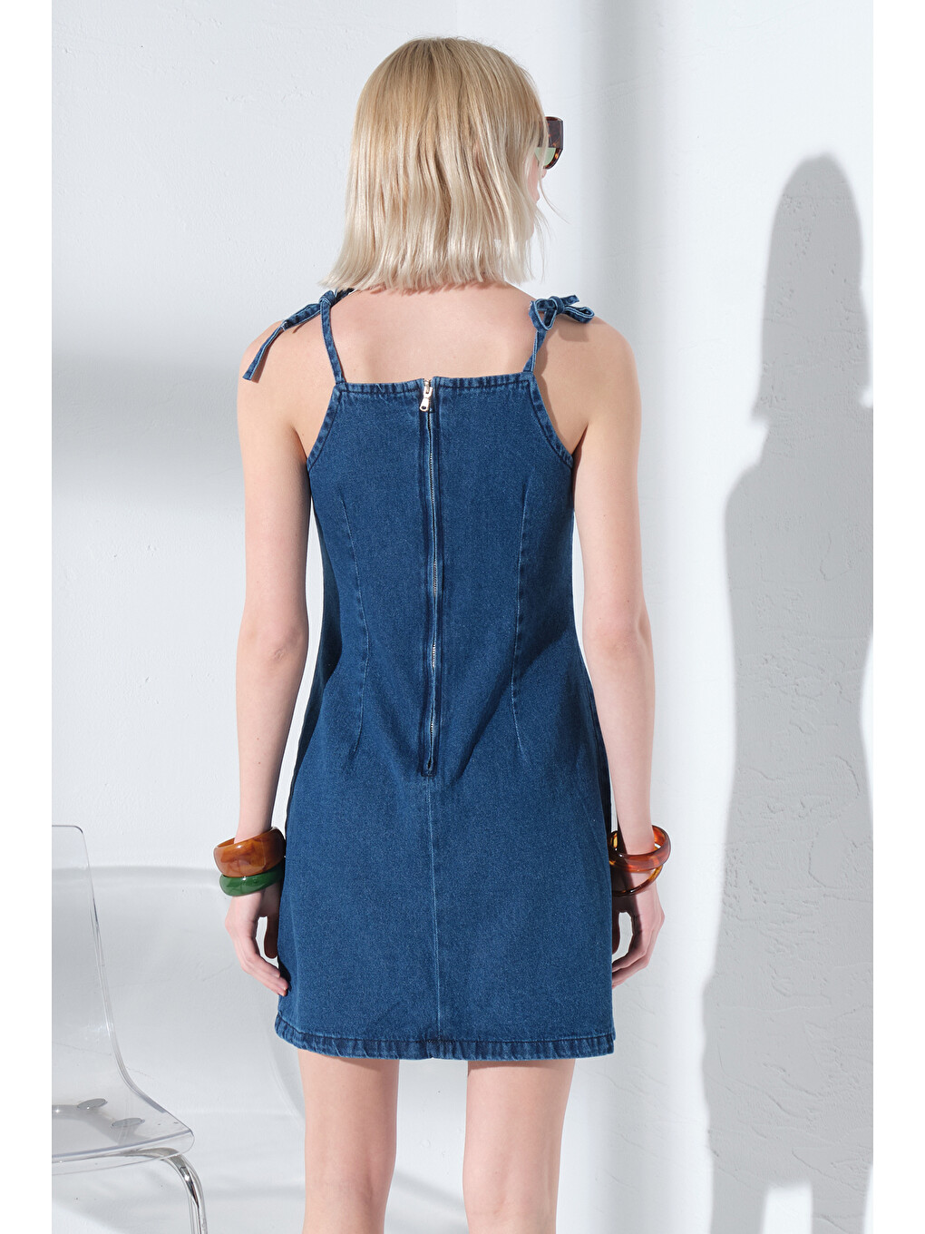 Mavi %100 Pamuk Denim Bağlamalı Askılı Sırtı Fermuarlı Mini Kadın Elbise @Lyra-4