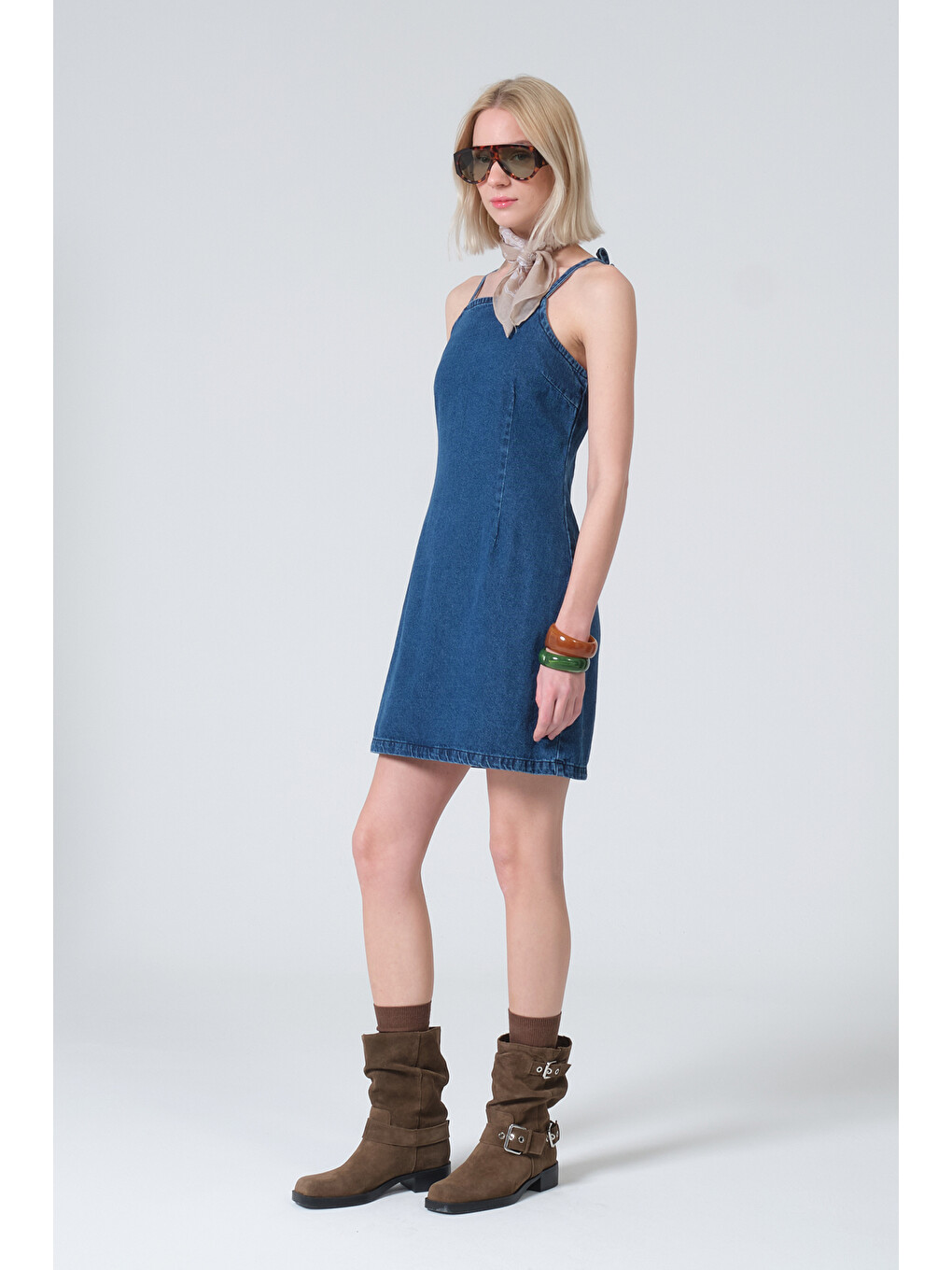 Mavi %100 Pamuk Denim Bağlamalı Askılı Sırtı Fermuarlı Mini Kadın Elbise @Lyra-7