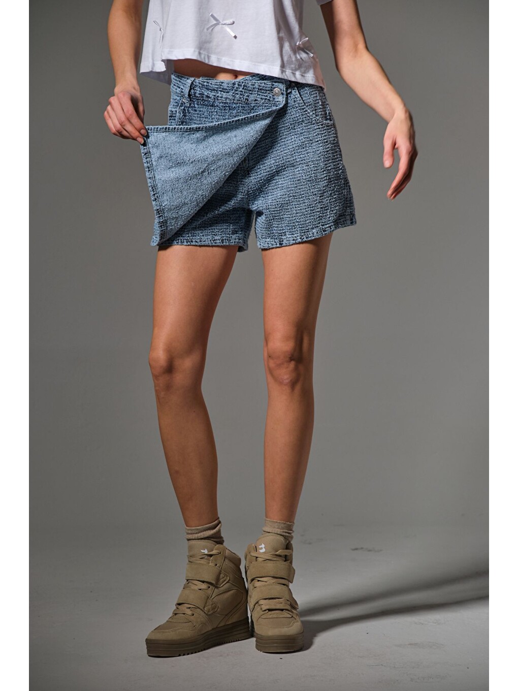 Mavi Kadın Punch Şort Etek Yüksek Bel Cut Bukle Efekt Crafted Denim Jean Kısa Rahat @Foligno-1