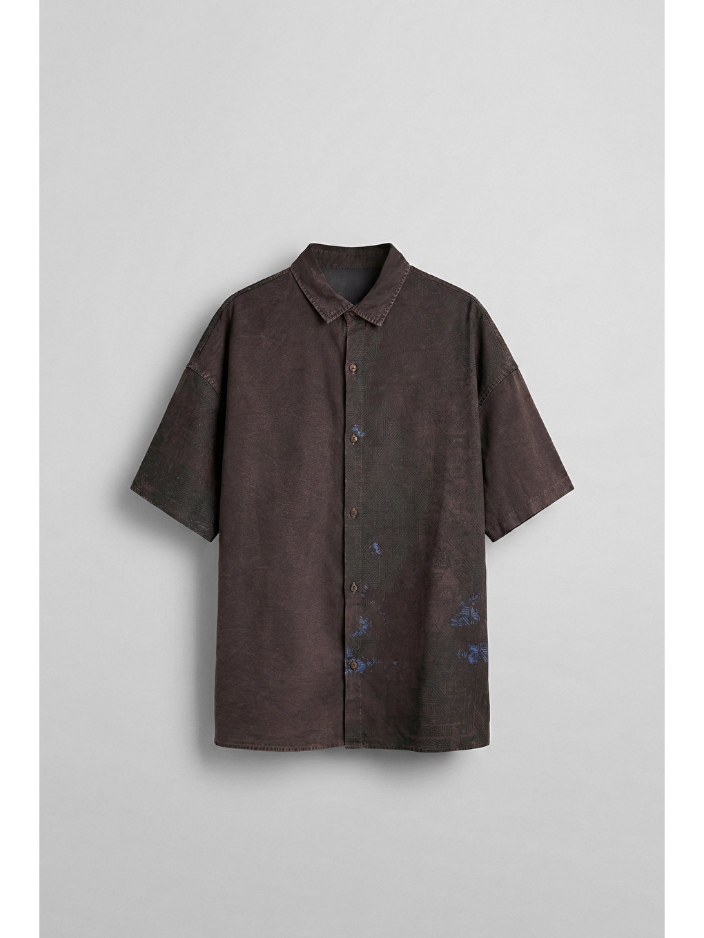 Erkek Kısa Kollu Desenli Oversize Gömlek Kahverengi