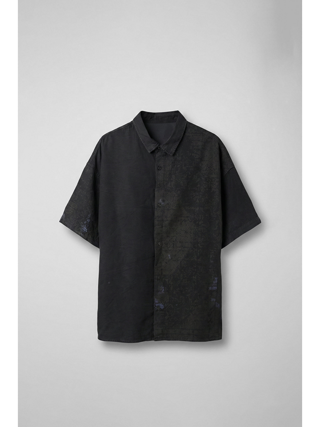 Erkek Kısa Kollu Desenli Oversize Gömlek Siyah