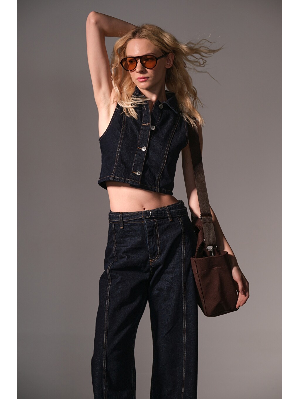 Mavi %100 Pamuk Raw Denim Kısa Metal Düğmeli Kolsuz kadın Jean Yelek @Modena
