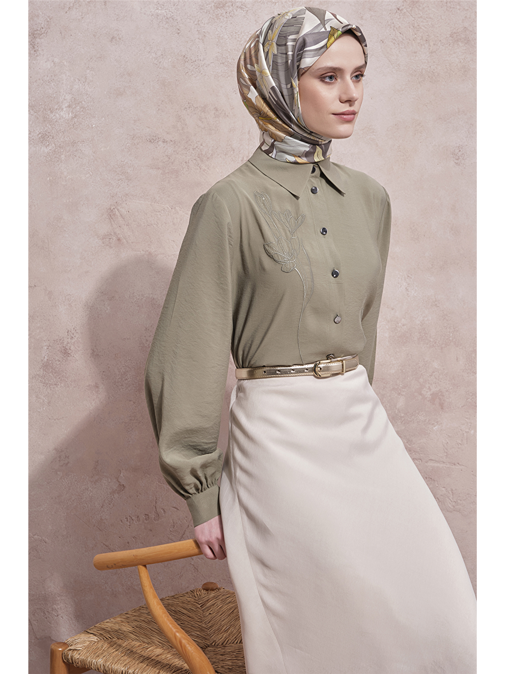 Nakışlı Modal Karışımlı Tunik Haki-5