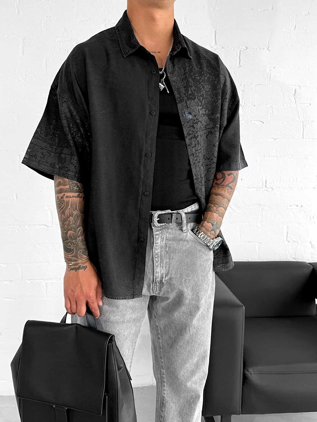 Erkek Kısa Kollu Desenli Oversize Gömlek Siyah-2