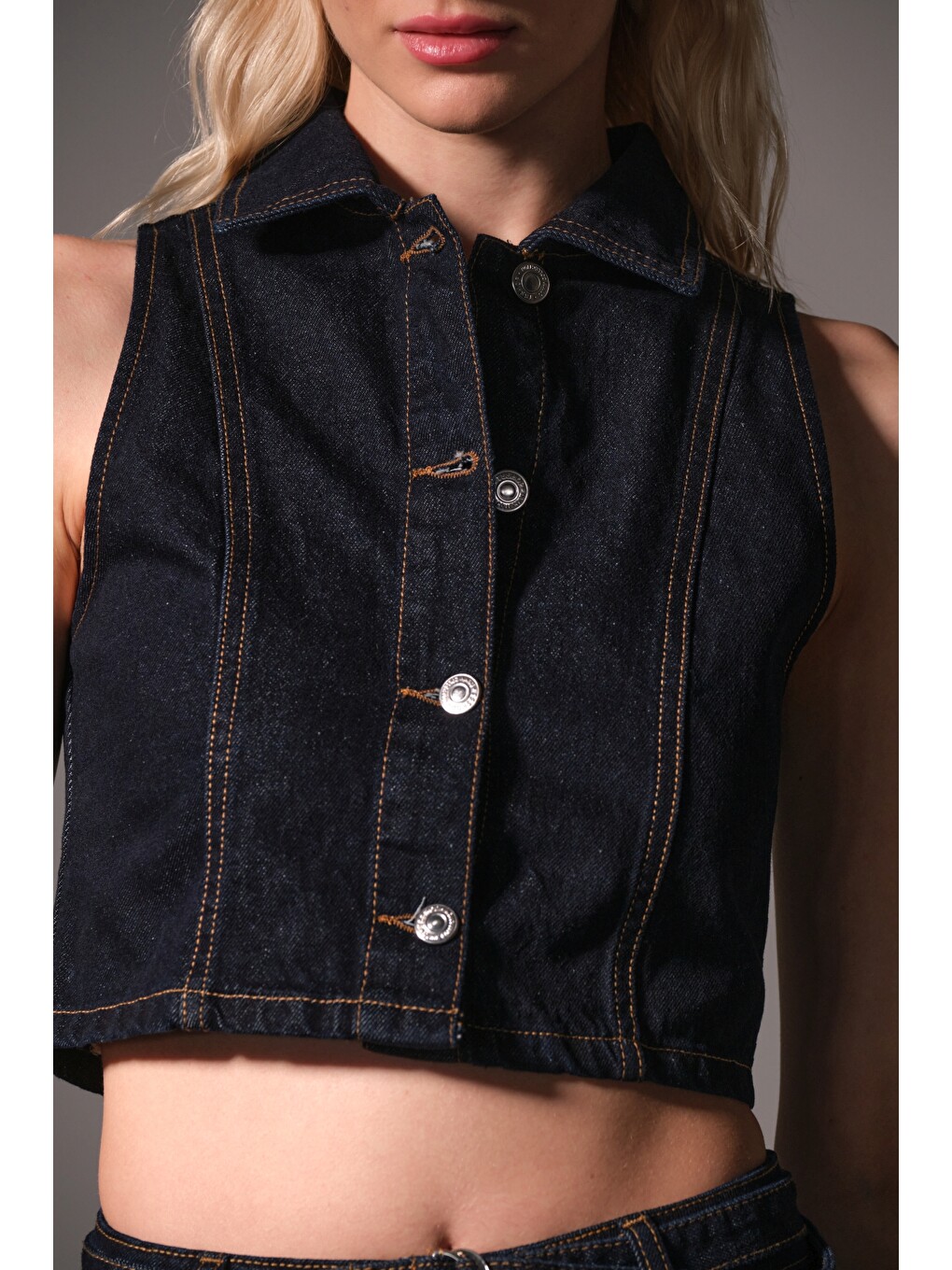 Mavi %100 Pamuk Raw Denim Kısa Metal Düğmeli Kolsuz kadın Jean Yelek @Modena-1