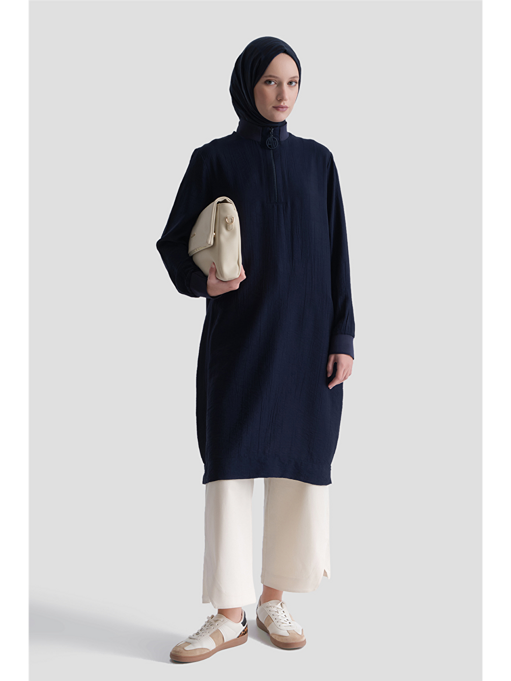 Fermuarlu Uzun Tunik Lacivert-1