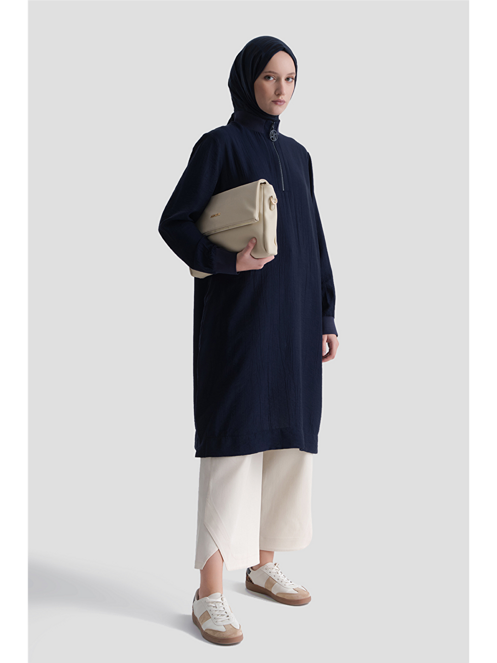 Fermuarlu Uzun Tunik Lacivert-2