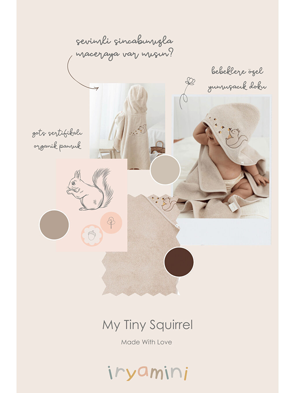 Tiny Squirrel Organik Pamuk Nakışlı Çocuk Panço Bej-2