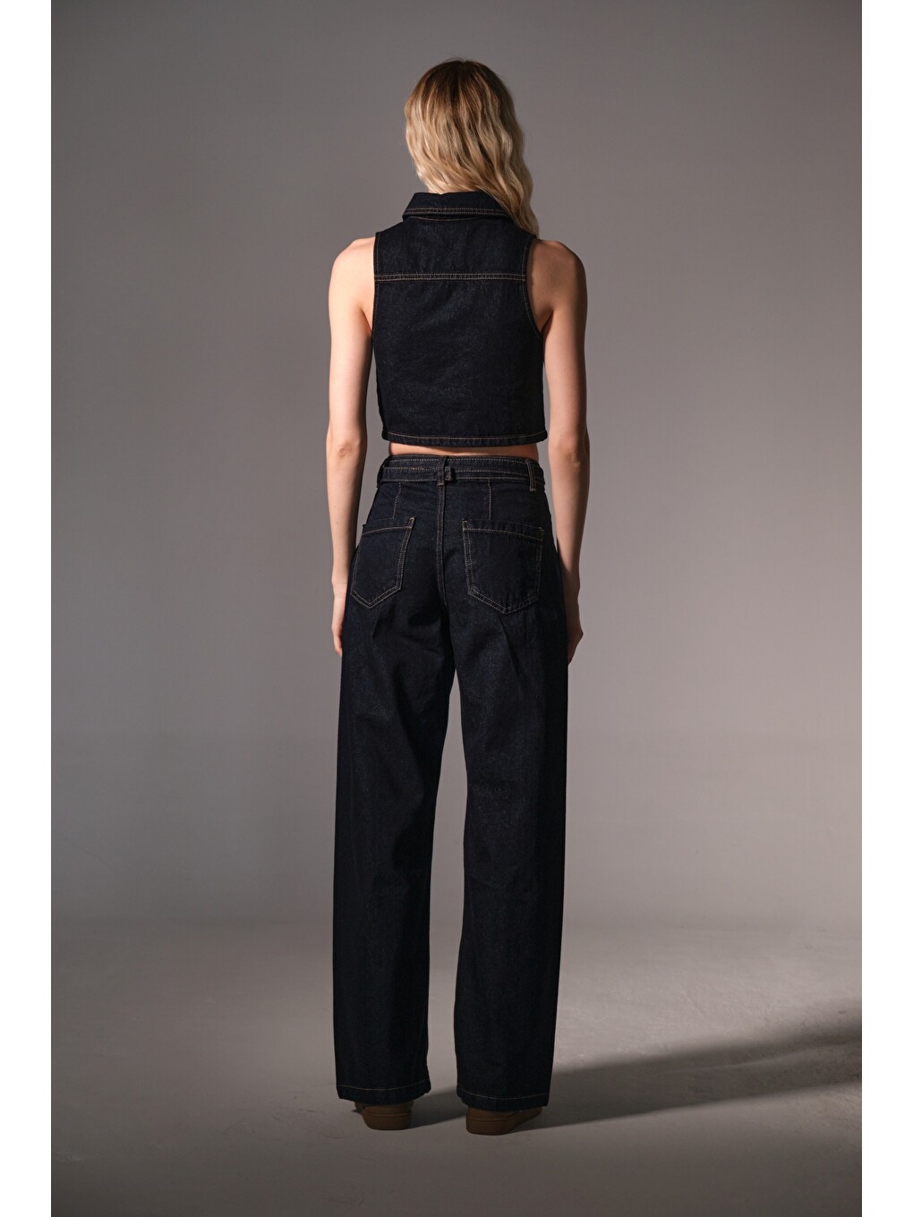 Mavi %100 Pamuk Raw Denim Kısa Metal Düğmeli Kolsuz kadın Jean Yelek @Modena-4