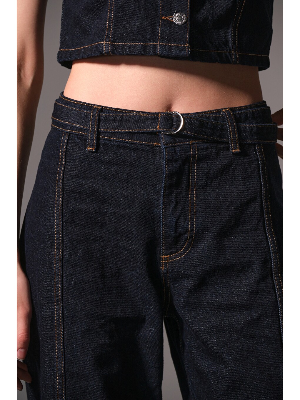 Mavi sportif dikiş detaylı jean D toka Kemerli Denim, Geniş paça palazzo Kadın Pantolon-2