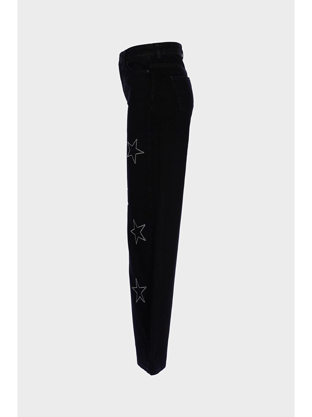 Weslie Siyah Yüksek Bel Fermuarlı Taş Detaylı Wideleg Fit Jean Pantolon C 4530-222-3