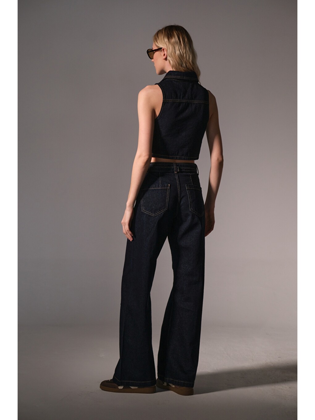 Mavi sportif dikiş detaylı jean D toka Kemerli Denim, Geniş paça palazzo Kadın Pantolon-4