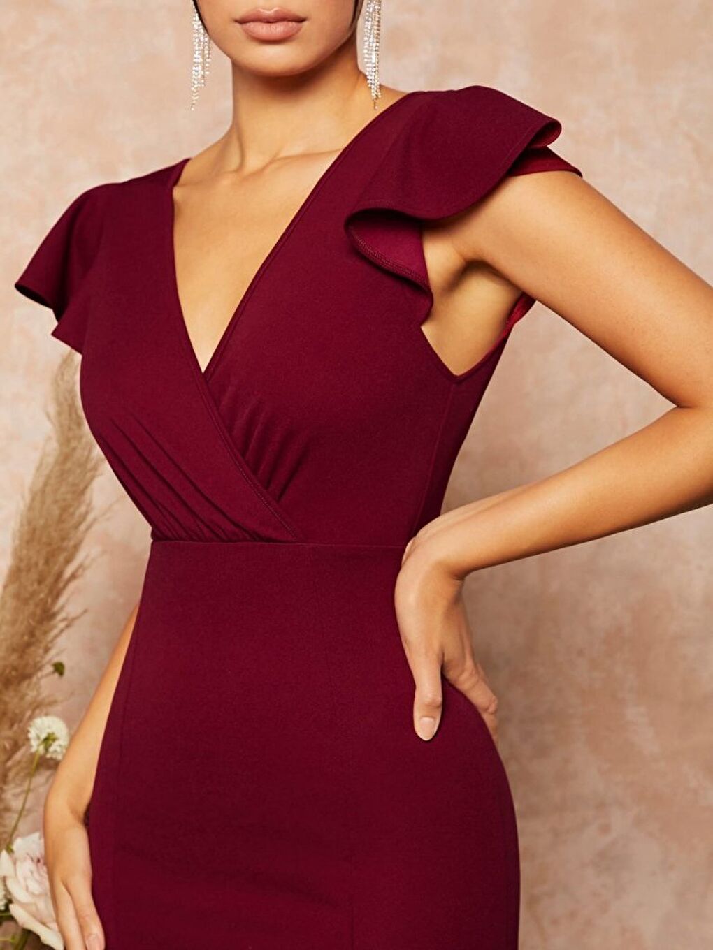 Bordo Kadın Kısa Kelebek Kollu Kruvaze Yaka Ithal Krep Midi Elbise-4