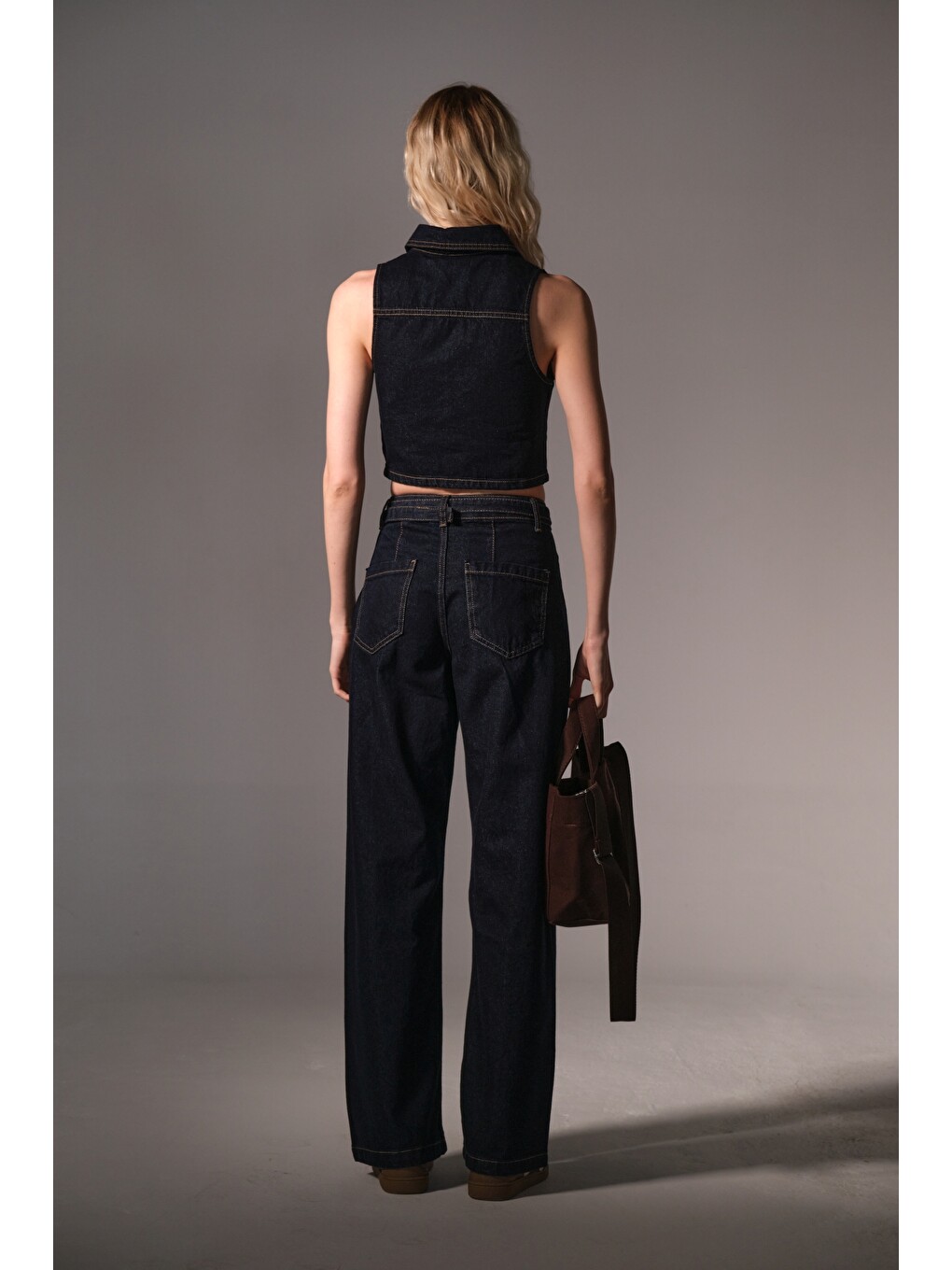 Mavi sportif dikiş detaylı jean D toka Kemerli Denim, Geniş paça palazzo Kadın Pantolon-7