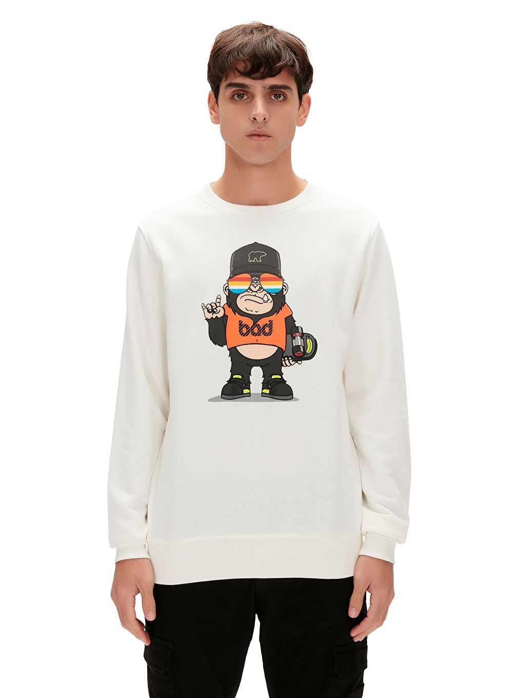 Bad Bear Beyaz Funky Crewneck Off-White Beyaz  Baskılı Erkek Sweatshirt - 2