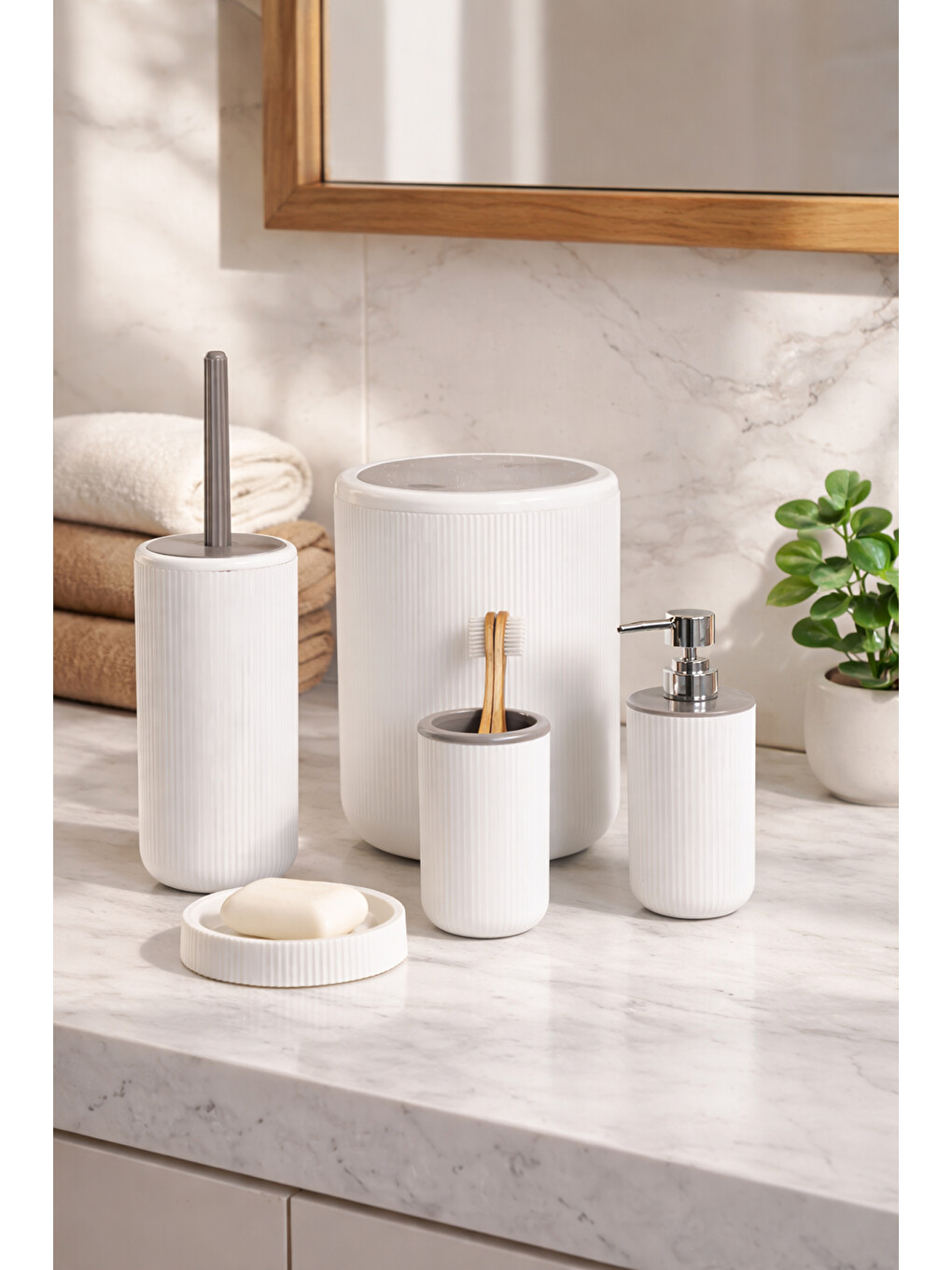Bej 5 Parça Yuvarlak Banyo Seti Çöp Kovası Ve Silikon Wc Fırçası Beyaz Taupe-1