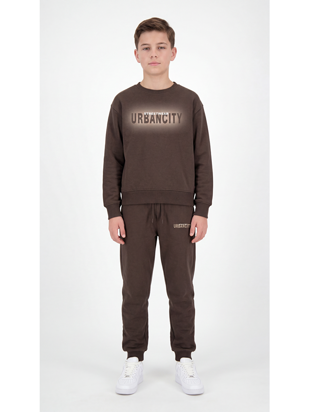 Kahverengi Streetwear Urbancity Baskılı Erkek Çocuk Alt Üst Eşofman Takımı