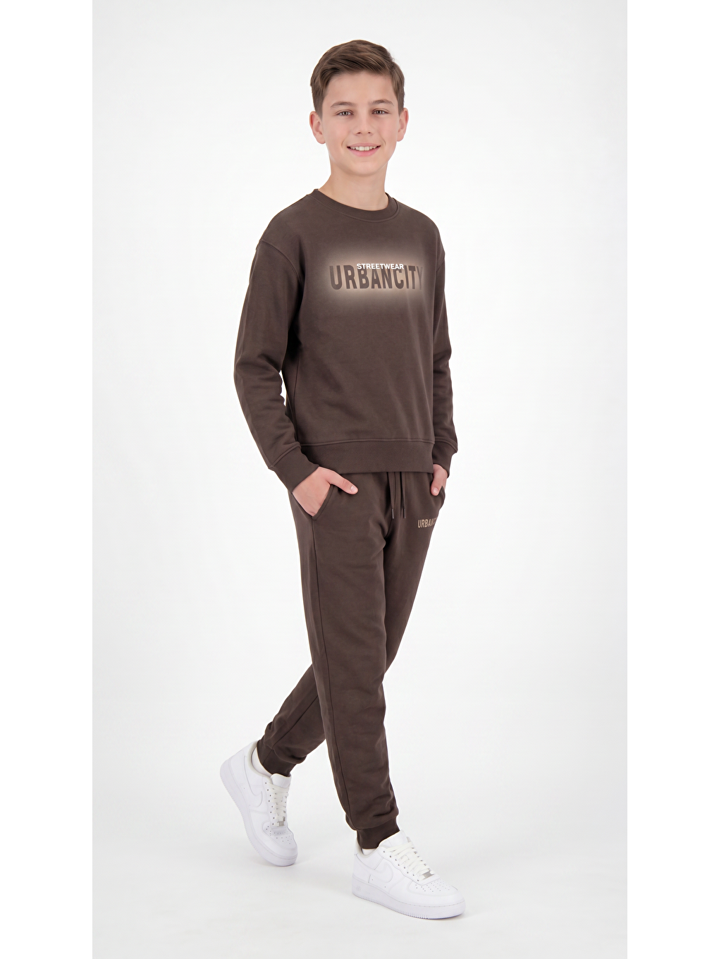 Kahverengi Streetwear Urbancity Baskılı Erkek Çocuk Alt Üst Eşofman Takımı-1