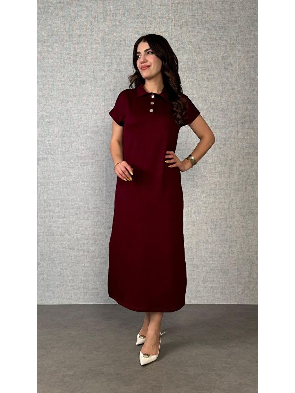 Bordo Kadın Kısa Kollu Yakalı Yandan Yırtmaçlı Viskon Iki Iplik Elbise