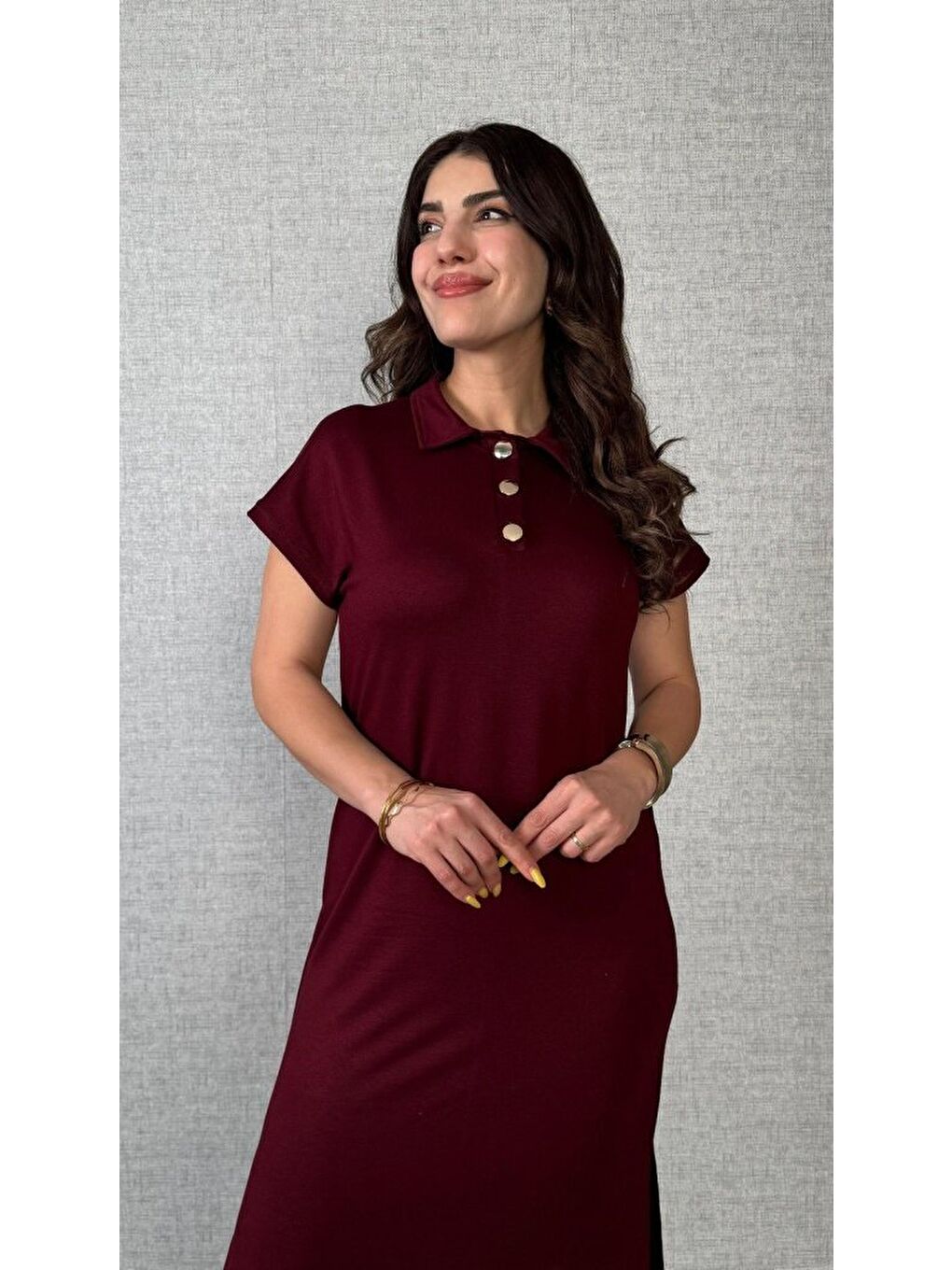 Bordo Kadın Kısa Kollu Yakalı Yandan Yırtmaçlı Viskon Iki Iplik Elbise-1