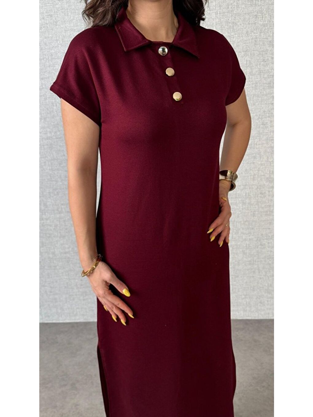 Bordo Kadın Kısa Kollu Yakalı Yandan Yırtmaçlı Viskon Iki Iplik Elbise-2
