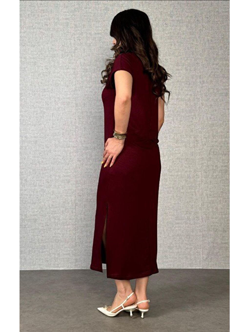 Bordo Kadın Kısa Kollu Yakalı Yandan Yırtmaçlı Viskon Iki Iplik Elbise-3
