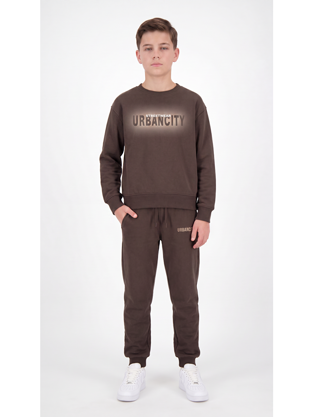 Kahverengi Streetwear Urbancity Baskılı Erkek Çocuk Alt Üst Eşofman Takımı-3