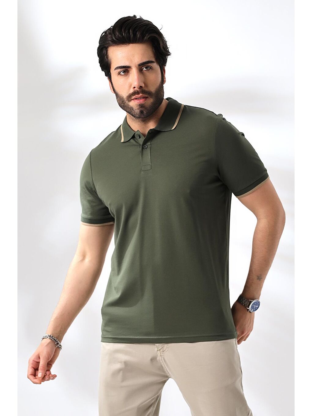 Erkek Haki Polo Yaka Elastanlı Garnili Pamuklu Tişört-2