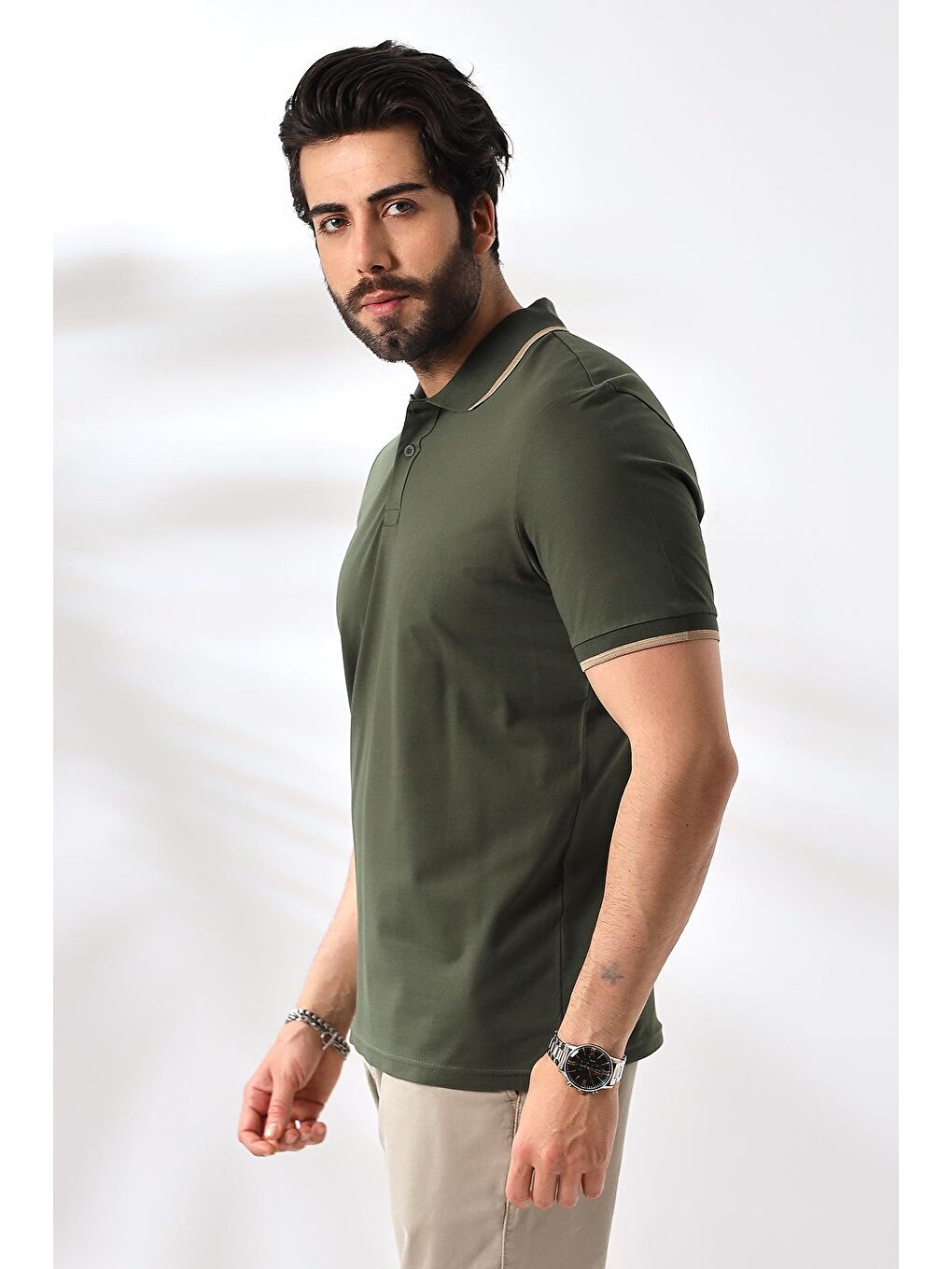 Erkek Haki Polo Yaka Elastanlı Garnili Pamuklu Tişört-3