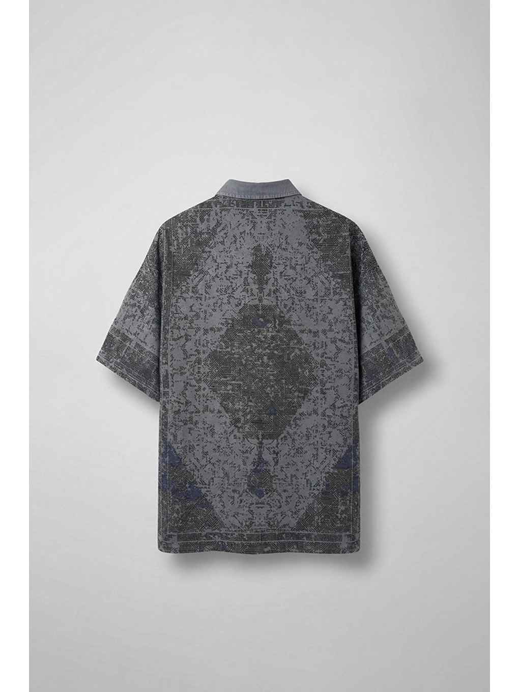 Erkek Kısa Kollu Desenli Oversize Gömlek Gri-1
