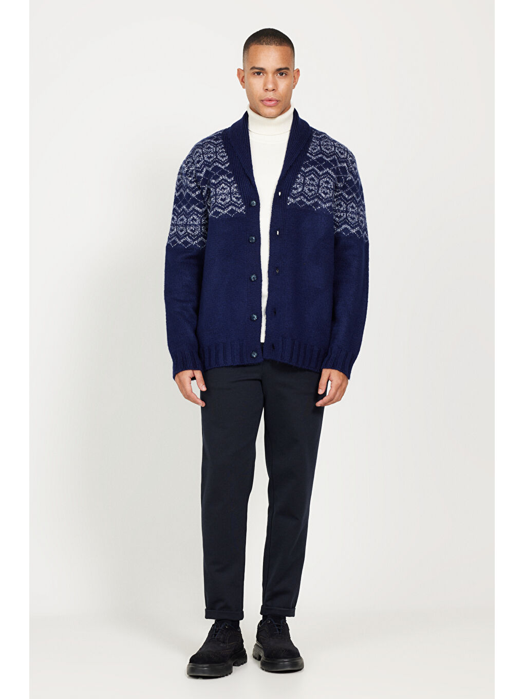 Erkek Lacivert Standart Fit Normal Kesim Şal Yaka Triko Hırka-1