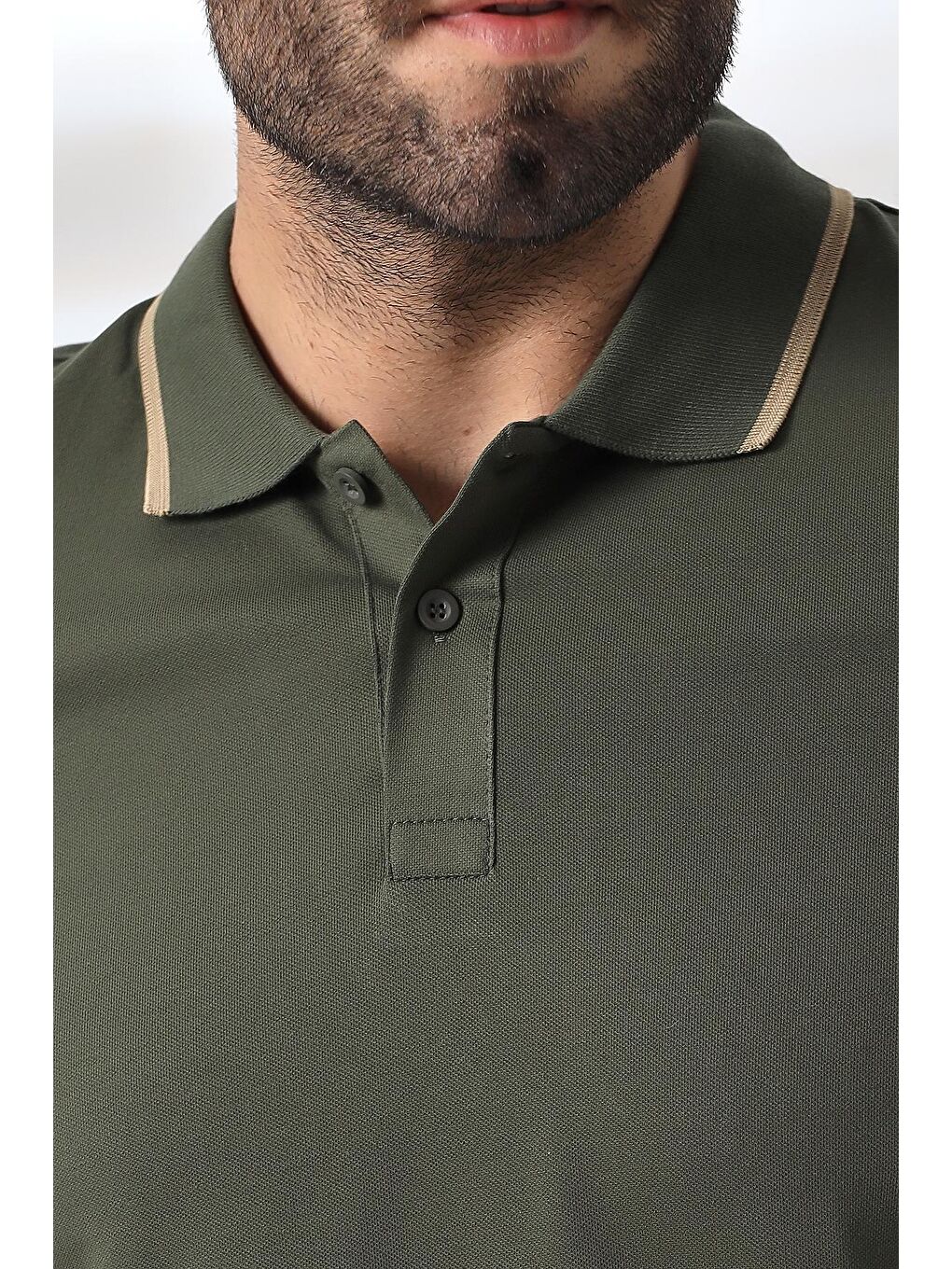 Erkek Haki Polo Yaka Elastanlı Garnili Pamuklu Tişört-4