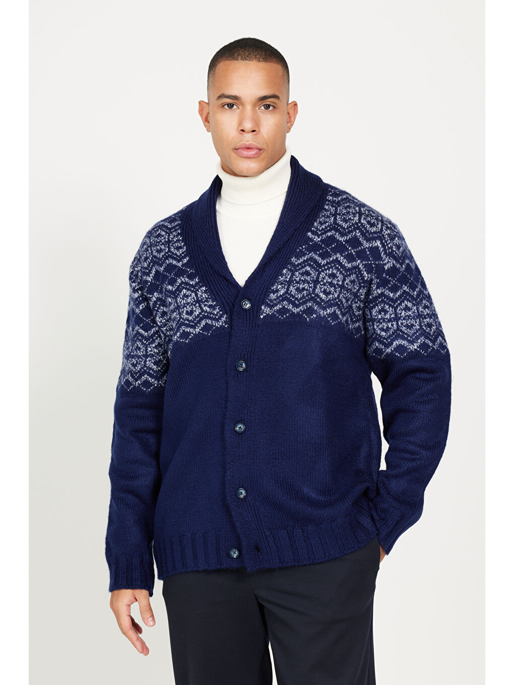 Erkek Lacivert Standart Fit Normal Kesim Şal Yaka Triko Hırka-2