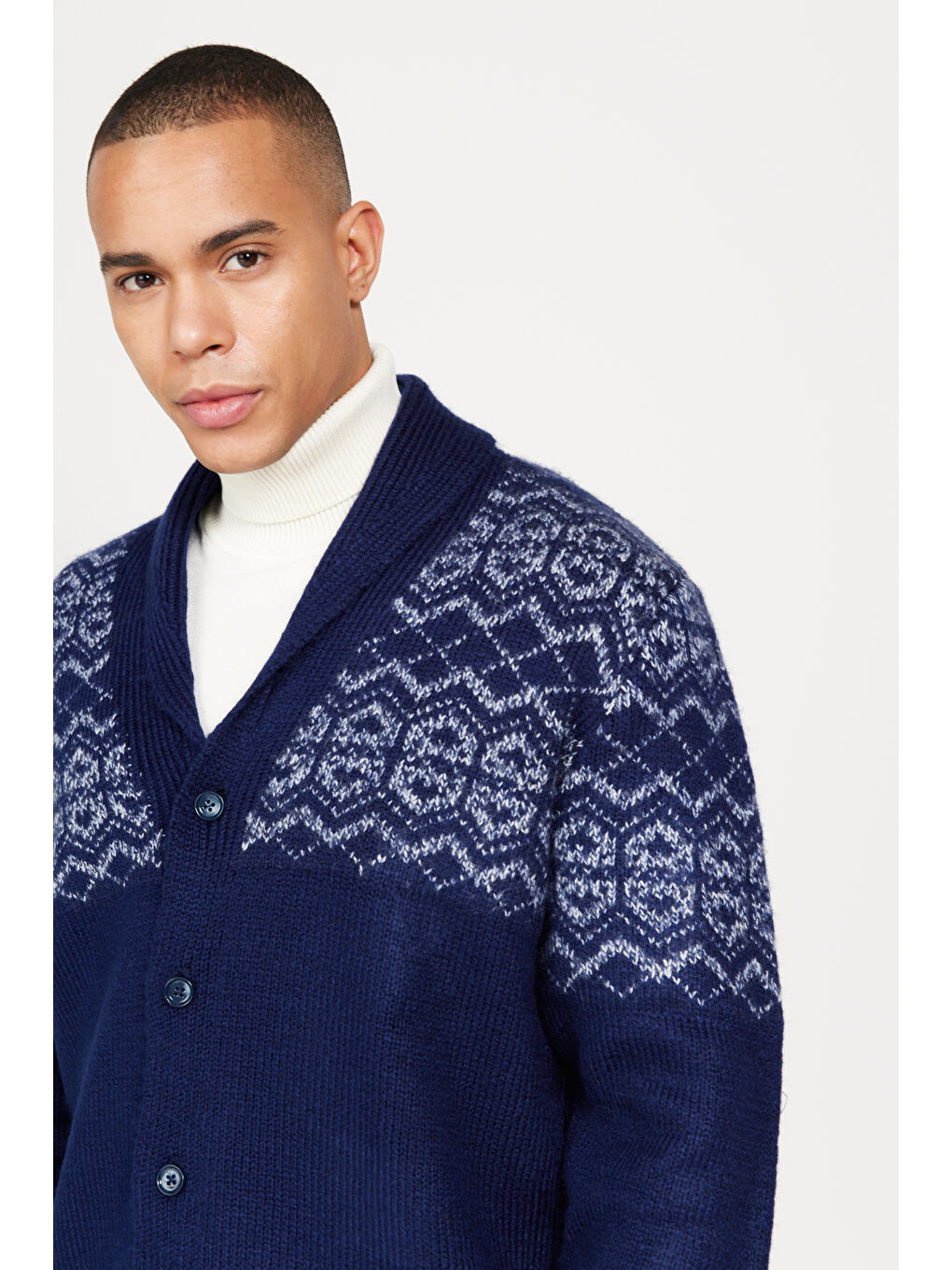 Erkek Lacivert Standart Fit Normal Kesim Şal Yaka Triko Hırka-4