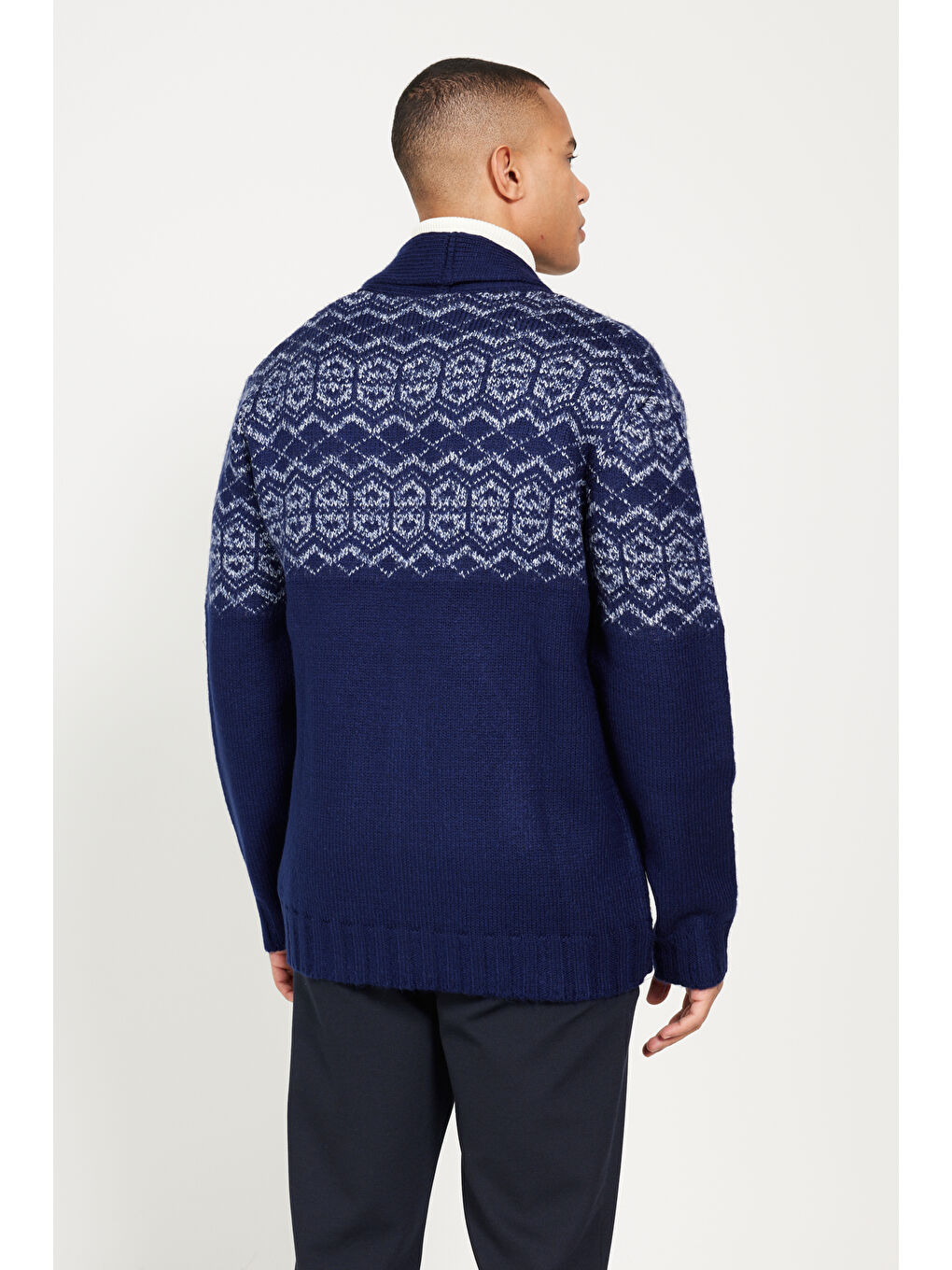 Erkek Lacivert Standart Fit Normal Kesim Şal Yaka Triko Hırka-5